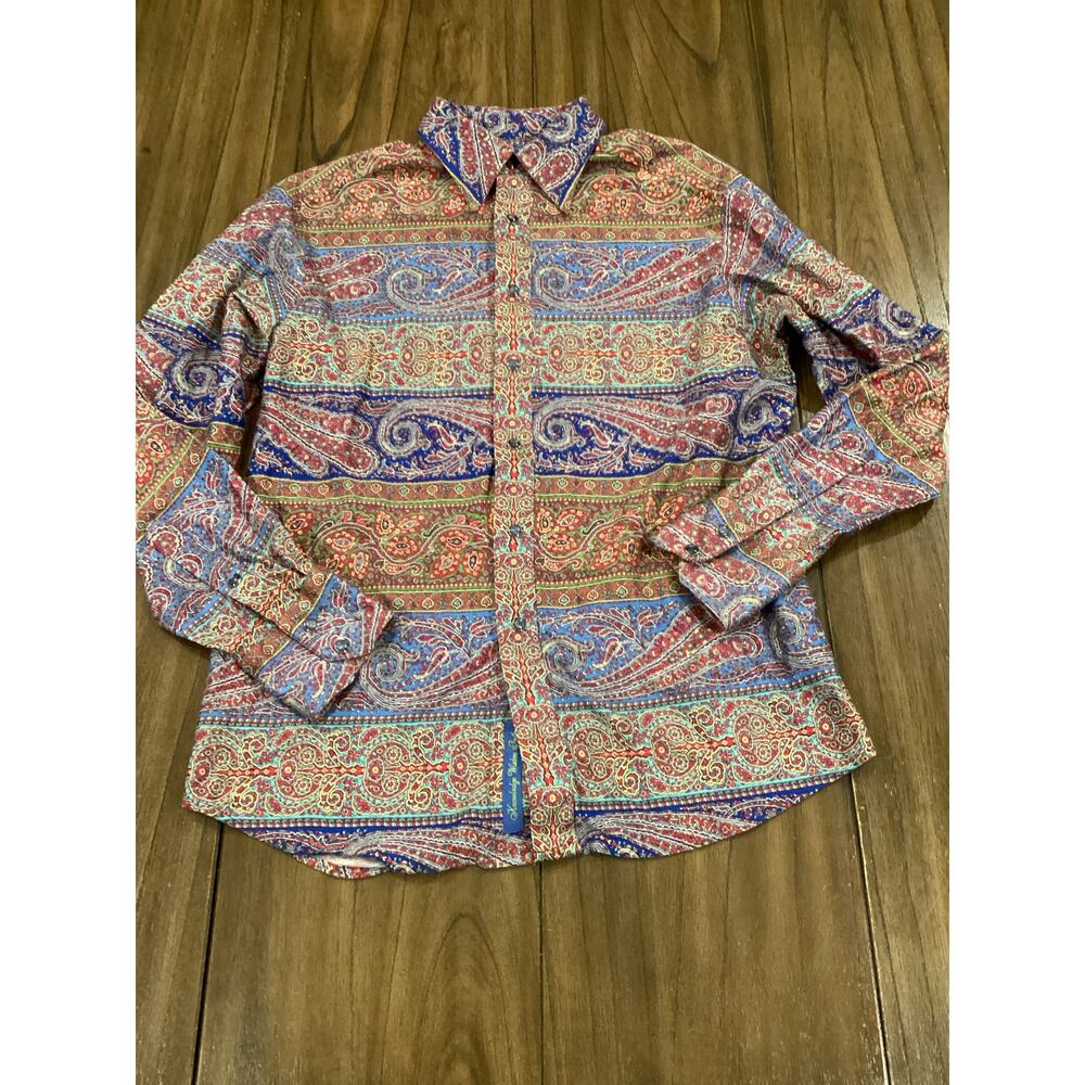 Robert Graham Paisley stripe long sleeve button up collar cotton shirt Medium